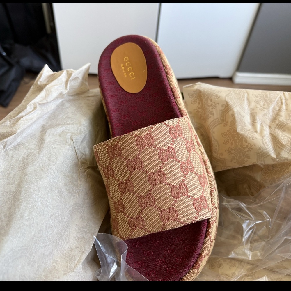 Gucci Beige and Pink Monogram Slide Sandals